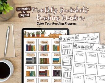 Bookshelf Reading Tracker Printable, Monthly Book Log, Cat Reading Tracker