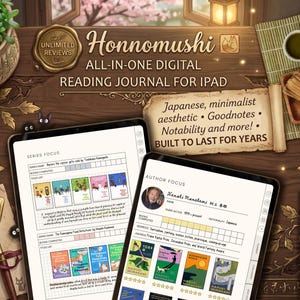 Könnte beinhalten: Ein All-in-One digitales Lesetagebuch für das iPad mit japanischer minimalistischer Ästhetik. Das Bild zeigt zwei iPads mit Buchlisten und Autoreninformationen, mit Matcha-Tee und einem Schneebesen. Der Text lautet "Honnomushi" und "Built to last for years."
