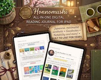 Honnomushi Digital Reading Journal for iPad | Japanese Minimalist Hobonichi Style Book Tracker | Hyperlinked Goodnotes Planner