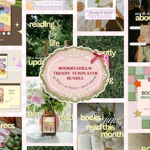 May include: A digital collage of social media templates featuring various book-themed graphics, floral arrangements, and text overlays including "BOOKSTAGRAM TRENDY TEMPLATES BUNDLE 40 Post + 20 Story + 200 Content" centered in a decorative frame.