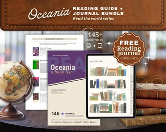 Peut inclure: Un ensemble de guide de lecture et journal Oceania numérique et imprimable comprenant une liste de plus de 145 titres, un globe, une tablette affichant une bibliothèque virtuelle et une pile de livres anciens. Le texte inclut Oceania Reading Guide + Journal Bundle, Read the world series, 145+ Book Titles et Free Reading Journal.
