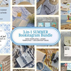 May include: A 3-in-1 summer bookstagram bundle featuring post templates, story templates, and 100 content ideas. The collage displays various beach-themed scenes with books, sunglasses, drinks, and text overlays like 'Books that feel like summer in Paris'.