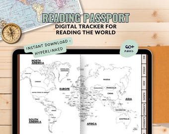 Digitaal leespaspoort en World Tracker | Read Around the World Journal voor Goodnotes | Global Book Challenge-planner met digitale postzegels