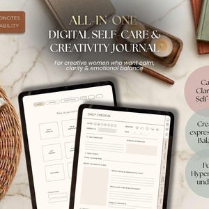 May include: An all-in-one digital self-care and creativity journal displayed on two tablets. The journal includes daily check-in prompts and is fully hyperlinked and undated. The image also features a cup of tea, candles, and the text "GOODNOTES NOTABILITY".