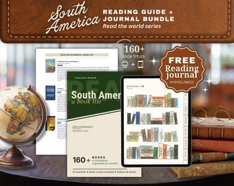 Peut inclure: Un guide de lecture et un journal sur l'Amérique du Sud comprenant une liste de 160+ livres, un journal de lecture hyperlié et une liste imprimée. L'ensemble est présenté avec un globe, une tablette et une pile de livres anciens.