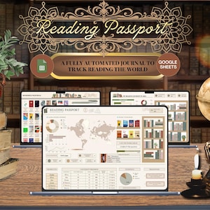 Peut inclure: Un journal numérique Reading Passport pour Google Sheets affiché sur des écrans d'ordinateur portable. L'interface présente une carte du monde, des graphiques de progression, des vignettes de livres et une bibliothèque. Texte Reading Passport.
