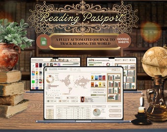 Peut inclure: Un journal numérique Reading Passport pour Google Sheets affiché sur des écrans d'ordinateur portable. L'interface présente une carte du monde, des graphiques de progression, des vignettes de livres et une bibliothèque. Texte Reading Passport.