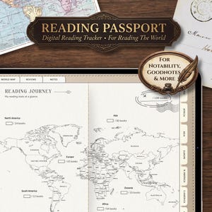 May include: A digital reading tracker with the text "READING PASSPORT" and "Digital Reading Tracker For Reading The World." The tracker displays a world map with book count sections. Additional elements include a magnifying glass and a vintage postcard.