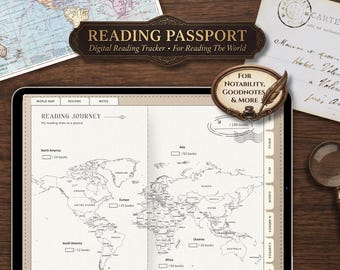 Passaporto di lettura digitale e World Tracker / Diario di lettura in giro per il mondo per Goodnotes / Planner Global Book Challenge con timbri digitali