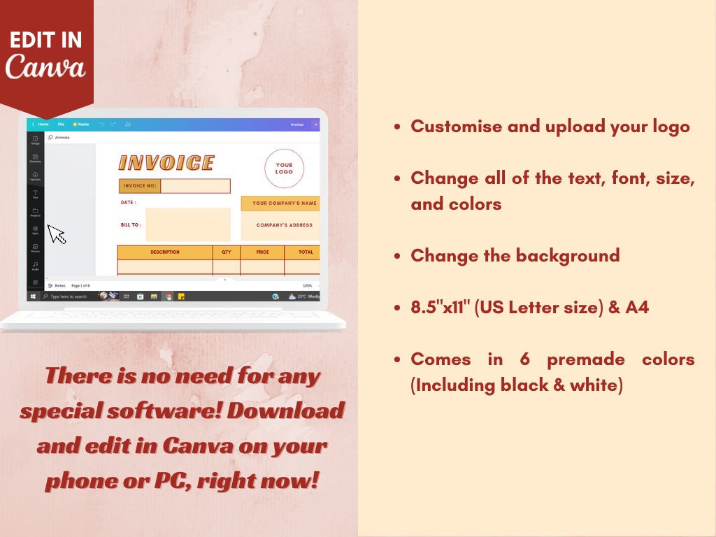Invoice Template Printable Invoice Custom Order Forms 5 Premade Colors ...