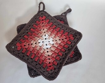 Set of 2 potholders / trivets / hot pads with loops, hand crocheted
