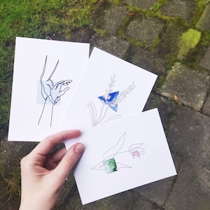 Carte postale une ligne, lot de 3 | Impressions originales A6 | Art minimaliste fleurs et mains