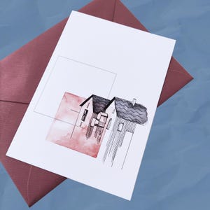 Cartolina con illustrazione di case minimaliste / Stampa originale A6 / Piccolo paesaggio urbano