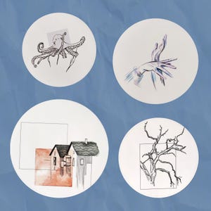 Adesivi circolari 9 cm / Adesivi di carta Disegni fatti a mano