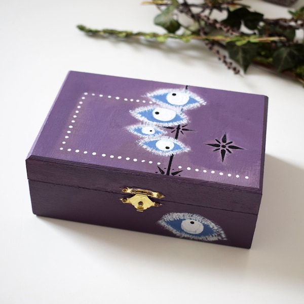 Wooden Purple Box For Storage | Abstract Jewellery Box With Acrylic Drawing