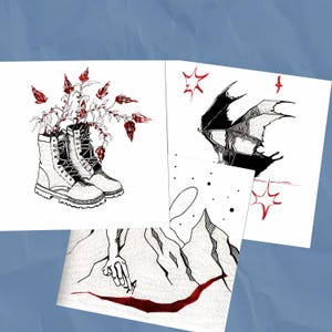 Schwarz und Rot Postkarten 3er Set | Handgefertigtes Kunstwerk | Quadrat Drucke