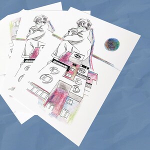 Cartão postal abstrato colorido | Impressão A6 | Homem sentado no prédio