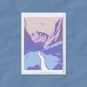 Lila Blaue Landschaft Postkarte | Geometrischer Druck | Digitale Illustration surrealer Hügel