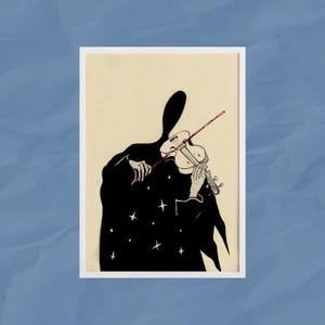 Impresión A3 de "Fantasma Negro con Violín" / Obra de arte hecha a mano / Postal sombría A6