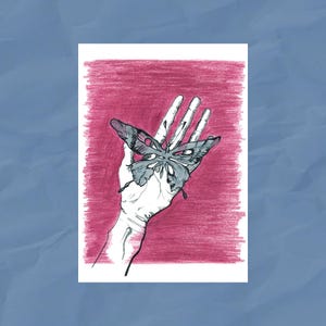 Cartolina con farfalla in mano / Stampa A6 / Piccola opera d'arte a matita