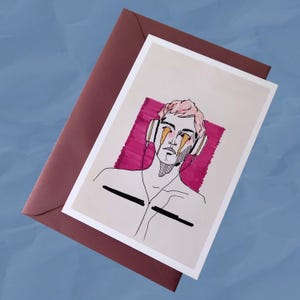 Postal abstracta de chico con auriculares / Lámina artística espeluznante A6