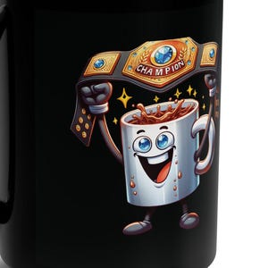 Black Mug - Cartoon Coffee Cup Winning Pose, Funny Gift, Novelty Cup, Coffee Lover Gift, Unique Mug, 15oz Mug