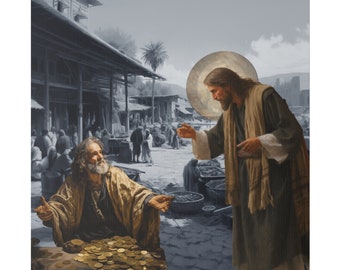 May include: A man in a brown robe with a long beard and white hair is sitting on a table with a pile of gold coins in front of him. A man in a white robe with a halo is standing behind him, reaching out with his hand towards the man sitting on the table.