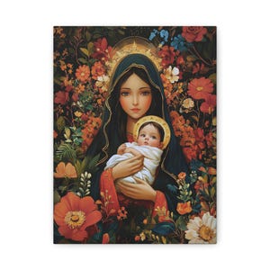 Virgin Mary and Jesus Canvas Art: Blossoming Garden Religious Home Decor