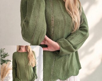 Handgjord merinoull-sidentröja för kvinnor, lätt stickad pullover