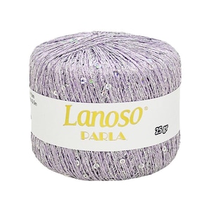 May include: A skein of lavender yarn with silver sequins, labelled "Lanoso ParlA 25 gr"