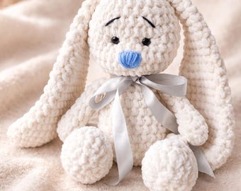 Coelho de crochê feito à mão – Brinquedo de pelúcia macio com orelhas compridas | Presente para bebê | Decoração para quarto de bebê