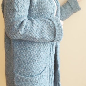 Long Chunky Alpaca Wool Cardigan with Pockets – Hand Knitted Smoky Blue Women’s Sweater, Soft & Luxurious, organic clothes.