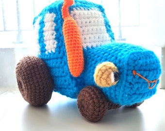 かぎ針編みの青いトラクターおもちゃ、ぬいぐるみの車、ベビーシャワーギフト