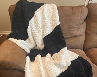 XLarge Throw Blanket: Soft chunky striped handmade knit chenille (customizable)