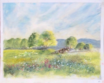 Pastel meadow and treescape