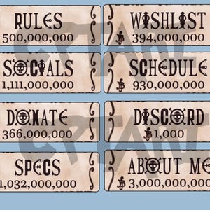 Peut inclure: Huit billets rectangulaires, bruns, de style vintage avec du texte noir et des symboles. Les billets listent les éléments suivants : Règles 500 000 000 €, Réseaux sociaux 1 111 000 000 €, Faire un don 366 000 000 €, Spécifications 1 032 000 000 €, Liste de souhaits 394 000 000 €, Horaire 930 000 000 €, Discord 1 000 €, À propos de moi 3 000 000 000 €.