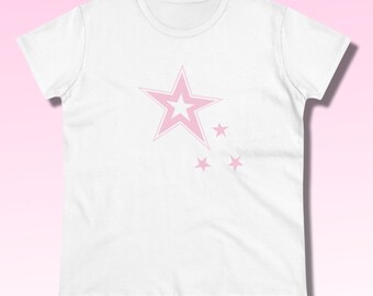 Camiseta de algodón con estrella rosa Y2k, camiseta con estrella, camiseta con estrella de la suerte, estética de chica suave, top de verano