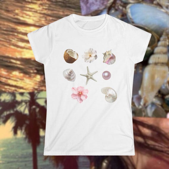 Seashell Women's Tee, Summer Beach Theme Shirt, Pink and White Flowers, Starfish, Seashell, Coconut, Gift for Her, Beach Vacation Apparel
