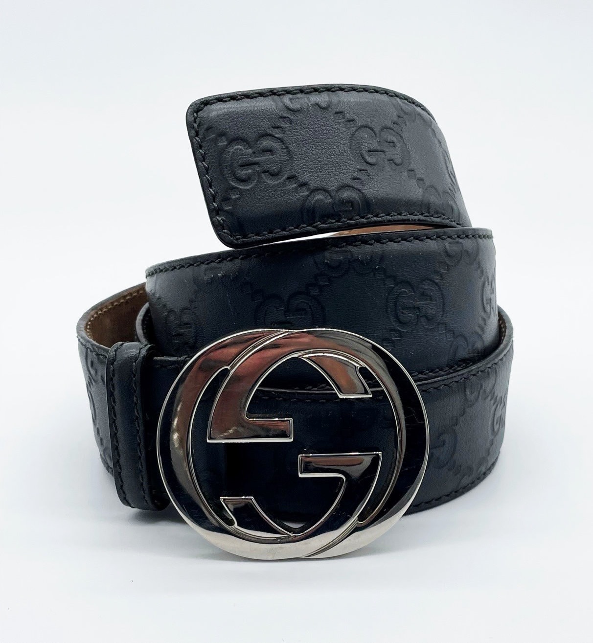 Used] Gucci belt beige brown silver interlocking 114984 525040 GG