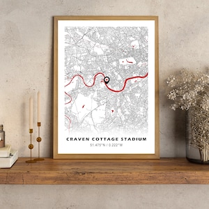 Poster du stade de Craven Cottage (téléchargement de fichier numérique), carte de localisation du Fulham FC, carte de Craven Cottage, cadeau de Noël, cadeau pour les fans de The Cottagers