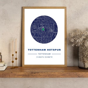 Affiche du stade Tottenham Hotspur, carte de localisation du Tottenham FC, impression de la carte du stade Hotspur, cadeau de Noël, The Spurs FC, cadeau pour partenaire