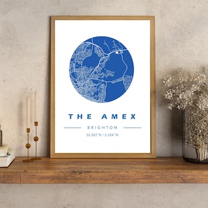 El cartel del estadio Amex, mapa de ubicación del Brighton and Hove FC, impresión del mapa del estadio Falmer, regalo de Navidad, el Albion FC, regalo para el socio