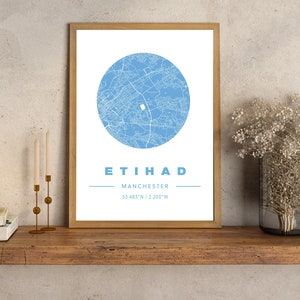 Impression de carte de l'Etihad Stadium, carte de localisation du Manchester City FC, affiche de l'Etihad Stadium, cadeau de Noël, The Citizens FC, partenaire cadeau pour lui