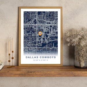 Impression de carte du stade AT&T, carte de localisation des Dallas Cowboys FC, impression de l'emplacement de n'importe quel stade, cadeau pour partenaire, cadeau de Noël, offre 3 pour 2