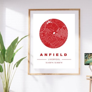 Impressão do mapa do Liverpool FC Anfield, mapa de localização do Anfield, pôster do Liverpool FC, oferta 3 por 2, presente para ele, parceiro, presente de Natal, The Reds FC