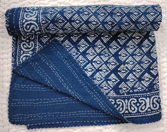 Couette kantha bleu indigo jeté de lit en coton bleu assorti à la chambre couette queen king size bleu salon couvre-lit art