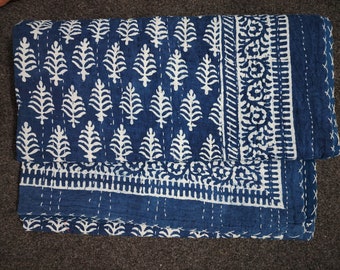 Kantha Indigo Blau Blatt Print Quilt Indische Kantha Tagesdecke Bettwäsche Bettüberwurf werfen König Königin Bett