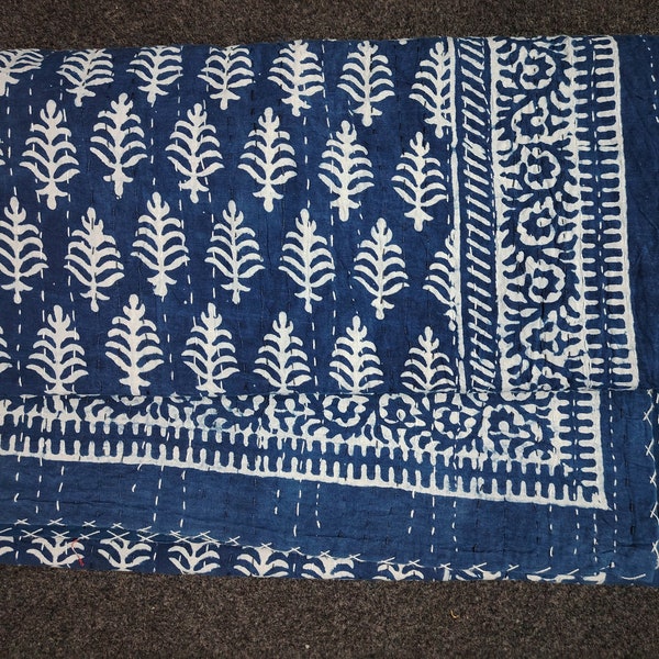 Kantha Indigo Blue Leaf Print Quilt Indian Kantha Bedspread Bedding Bedcover Throw king queen Bed