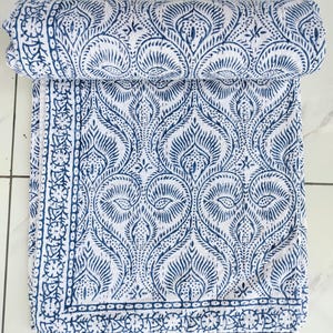 King Size Blue Handmade Indian kantha quilt Indian kantha quilt hand block print kantha quilt Cotton Blanket Gudari blue Kantha Bedcover
