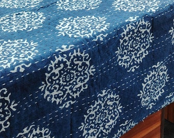 Indische handgefertigte blaue Indigo-Steppdecke, King-Queen-Twin-Kissenbezug, Kantha-Steppdecke, Tagesdecke, Handblockdruck, Kantha-Quilt, bestickte Kissen